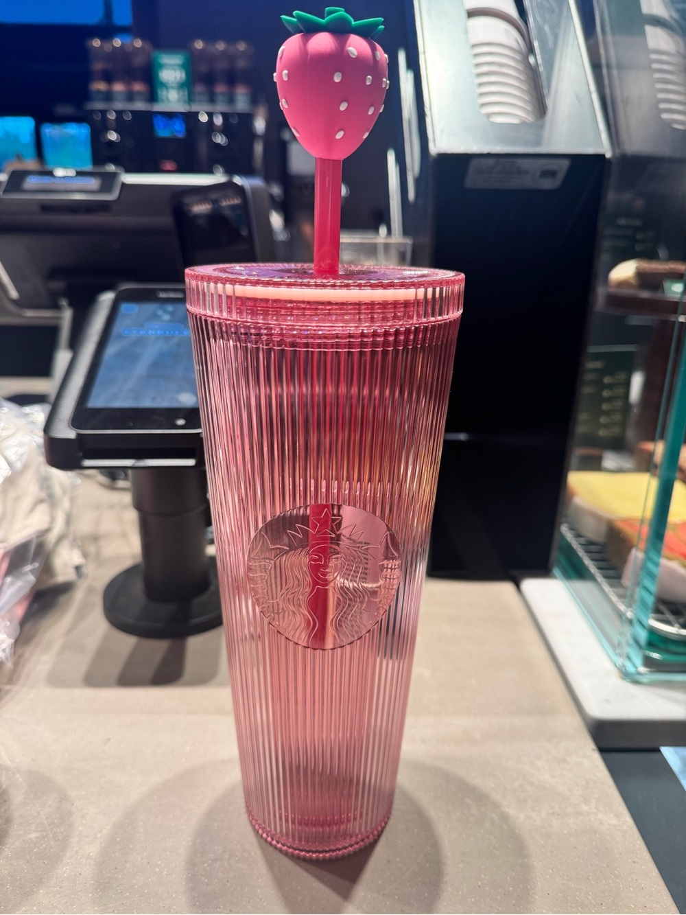 Starbucks Pink Ribbed Tumbler with Strawberry Top Straw Limited Edition